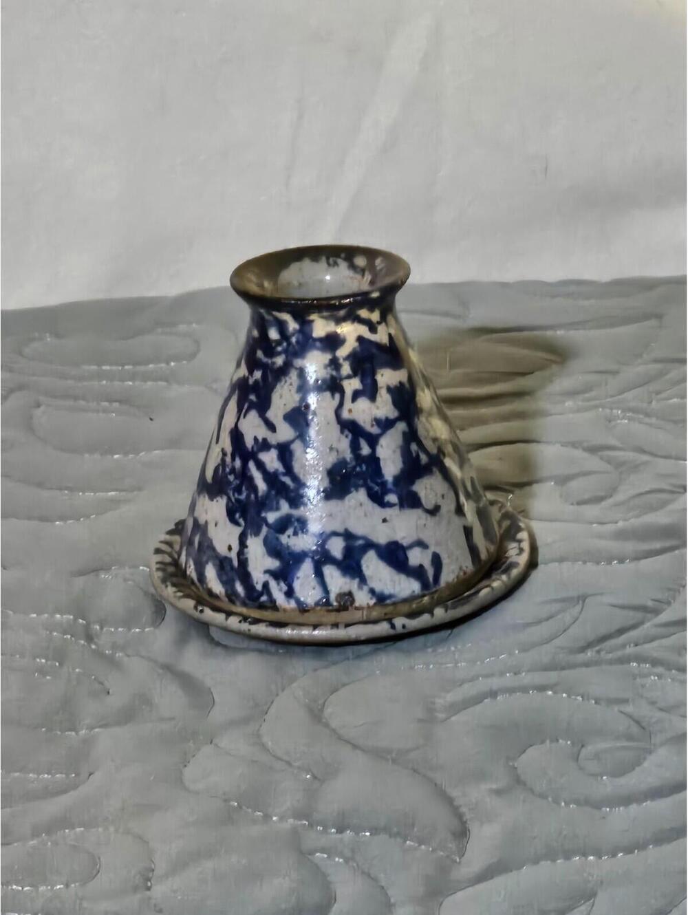 Signed Bastin Studio Pottery Vase with Plate – Blue Spongeware Glaze, 1989